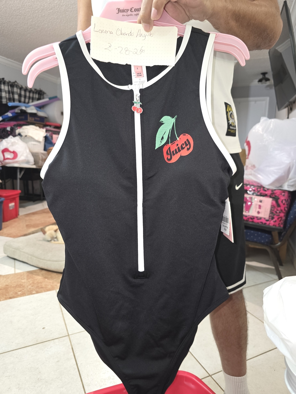 Juicy Couture Black One-Piece with Cherry Logo and White Trim